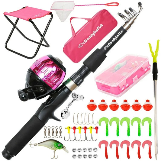 DaddyGoFish Kids Fishing Pole – Telescopic Rod & Reel Combo with Collapsible Chair, Rod Holder, Tackle Box, Bait Net and Carry Bag for Girls