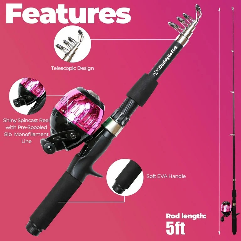 DaddyGoFish Kids Fishing Pole – Telescopic Rod & Reel Combo with Collapsible Chair, Rod Holder, Tackle Box, Bait Net and Carry Bag for Girls