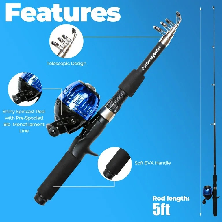 DaddyGoFish Kids Fishing Pole – Telescopic Rod & Reel Combo with Collapsible Chair, Rod Holder, Tackle Box, Bait Net and Carry Bag for Boys