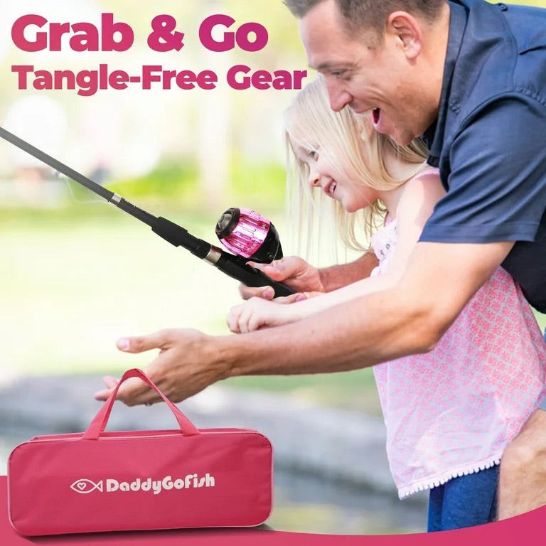 DaddyGoFish Kids Fishing Pole – Telescopic Rod & Reel Combo with Collapsible Chair, Rod Holder, Tackle Box, Bait Net and Carry Bag for Girls