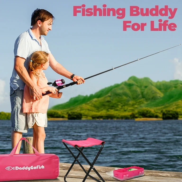 DaddyGoFish Kids Fishing Pole – Telescopic Rod & Reel Combo with Collapsible Chair, Rod Holder, Tackle Box, Bait Net and Carry Bag for Girls